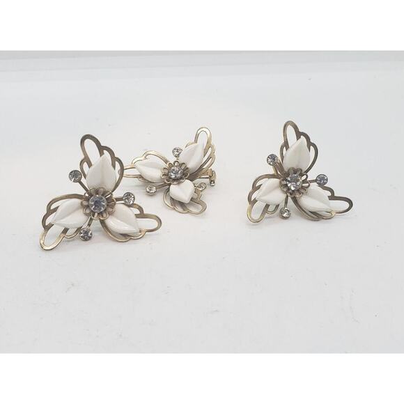 Vintage Floral Thermoset Rhinestone Brooch & Clip On Earrings Set 1950s - Picture 9 of 14